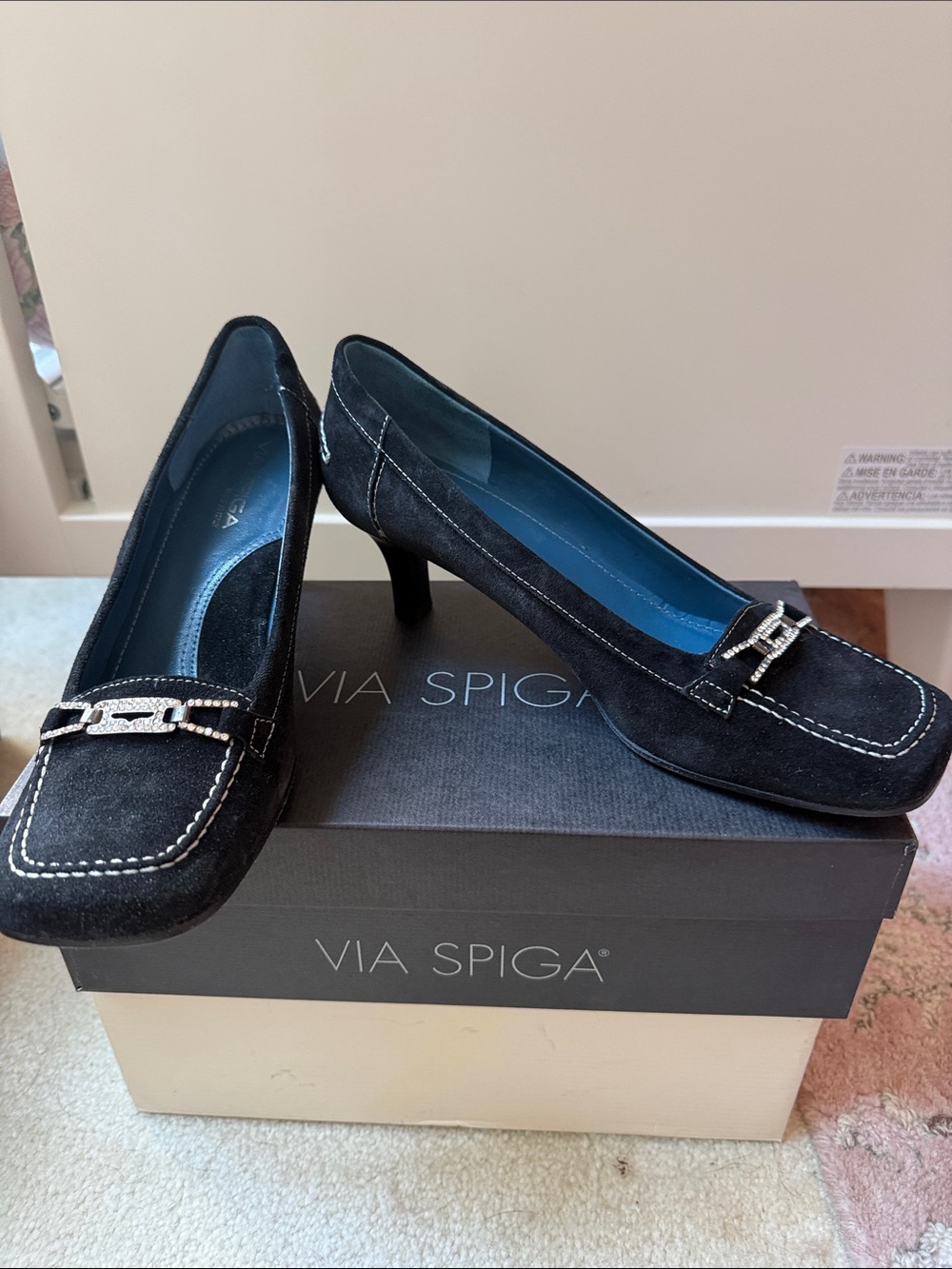 Via Spiga Black Suede Mid-Heel Loafers with Silver Buckle